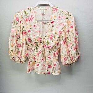 H&M Cream Floral Puff-Sleeve Smocked Waist Blouse - Pink/Green